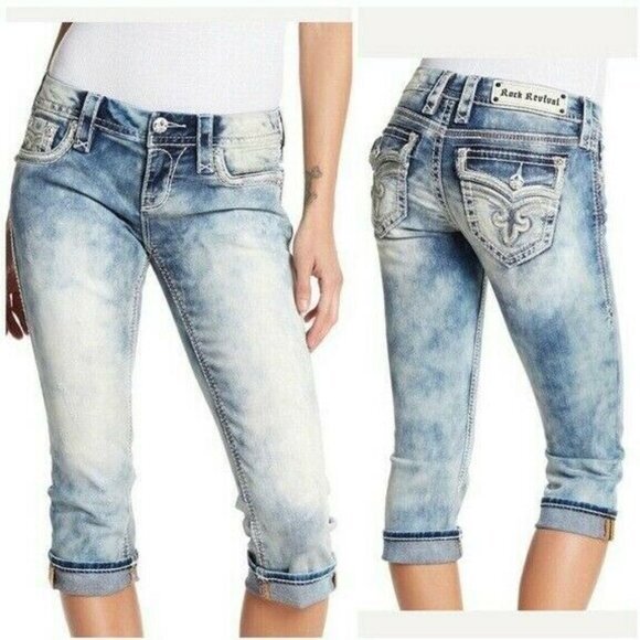 Rock Revival Xia Capri Jeans Distressed Stud Sequin Pockets Stretch Women 26 - Picture 12 of 12